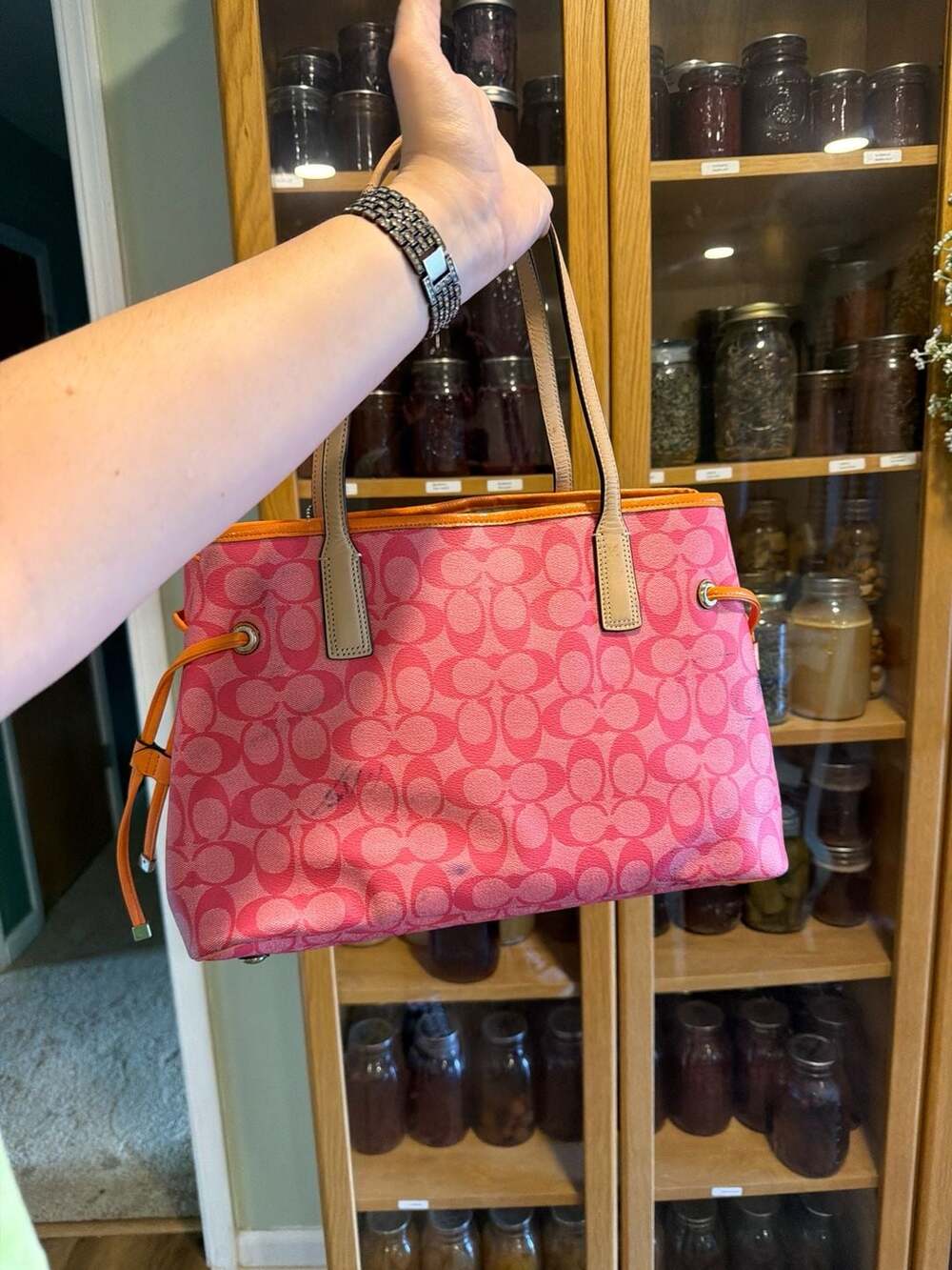 Coach Signature Stripe Drawstring Carryall Tote and Matching Zip Wallet Set Pink - Picture 3 of 7